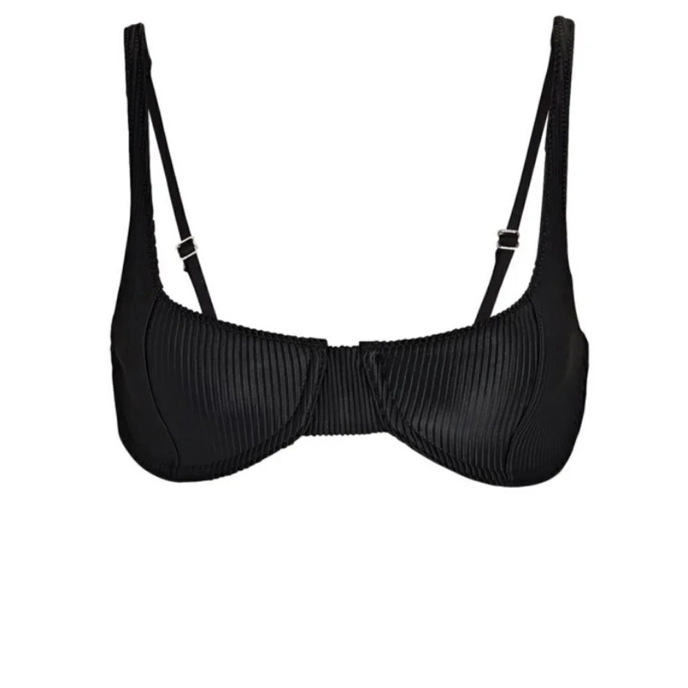 💕FRANKIE'S BIKINIS💕 Anna Ribbed Underwire Bikini Top ~ Black Large L NWT